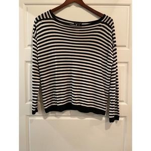 Eileen Fisher Med Black White Striped Tencel Sweater Bateau Neck Long Sleeves